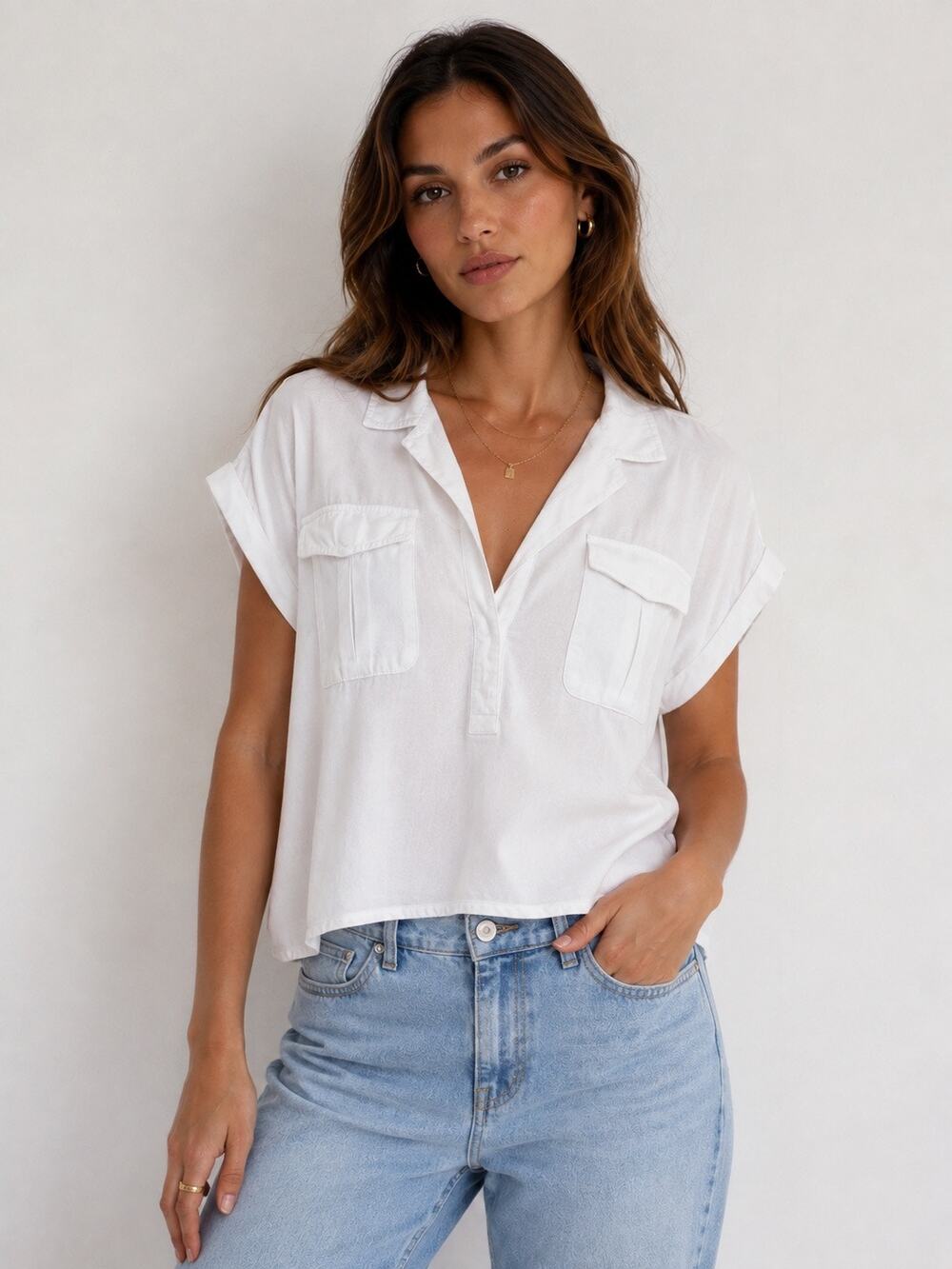 Violet Heart Los Angeles White 100% Tencel Boxy Collared Top Large Pocket Blouse